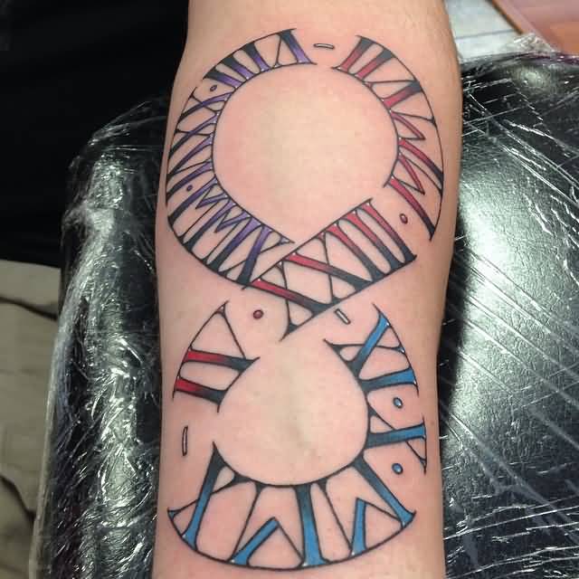 Roman Numerals Infinity Tattoo On Forearm