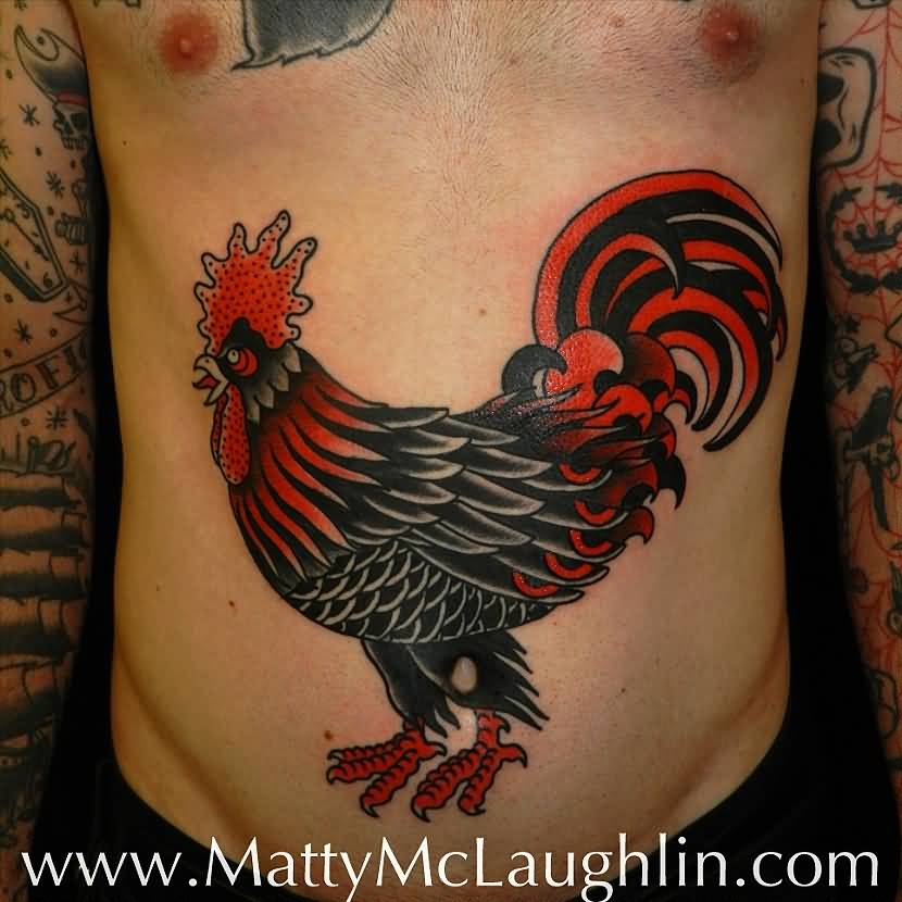 Rooster Tattoo On Man Stomach