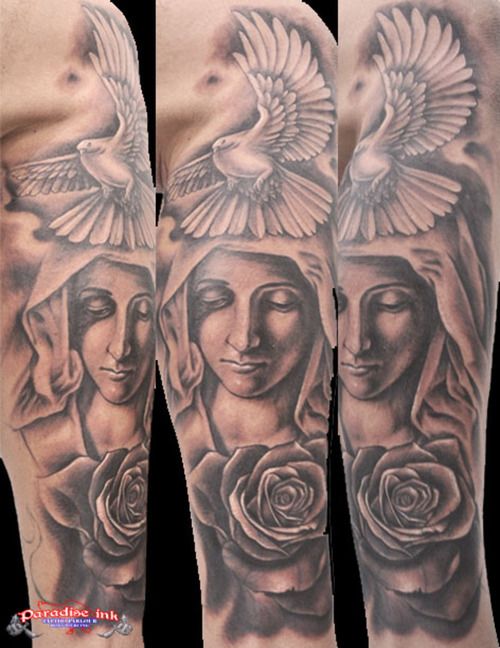 Rose Flower And Virgin Mary Tattoo On Arm