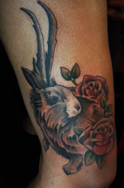 Rose Flowers And Jackalope Tattoo On Bicep