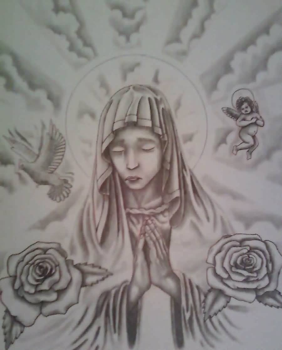 Rose Flowers And Praying Virgin Mary Tattoo Design