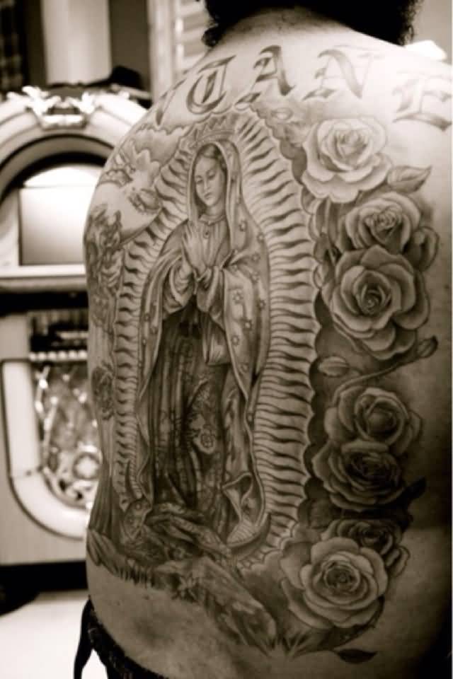 Rose Flowers And Virgin Mary Tattoo On Full Back