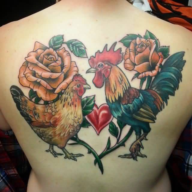 Rose Flowers With Chicken And Rooster Tattoos On Upper Back