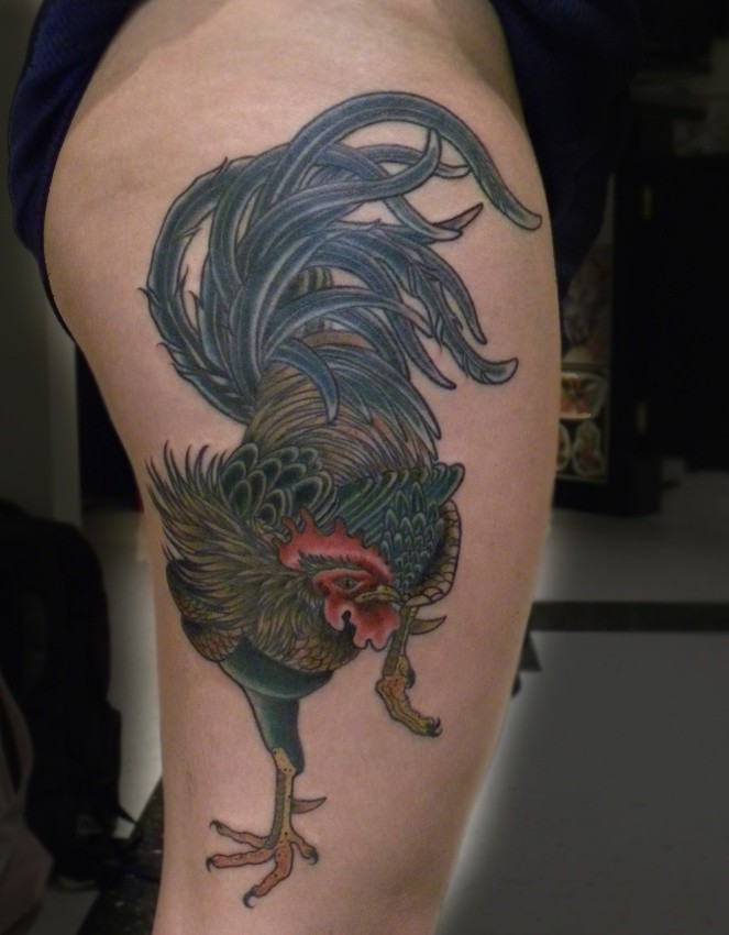 Side Leg Rooster Tattoo