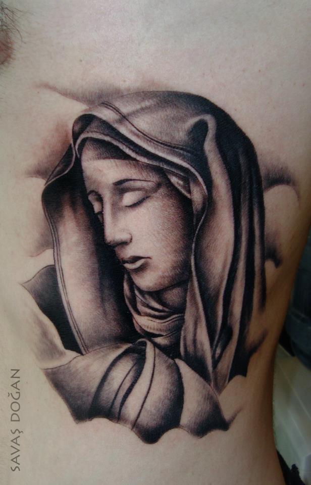Side Rib Grey Ink Virgin Mary Tattoo