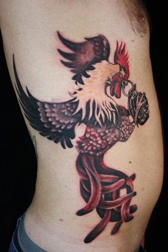 Side Rib Rooster Tattoo Idea For Men