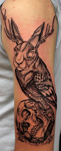 Skull And Jackalope Owl Tattoo On Left Half Sleeve
