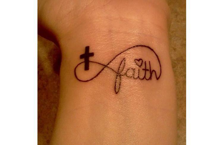 Small Black Cross And Faith Infinity Tattoo On Wrist