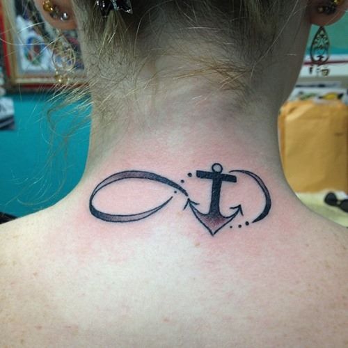 Small Grey Anchor Infinity Tattoo On Nape
