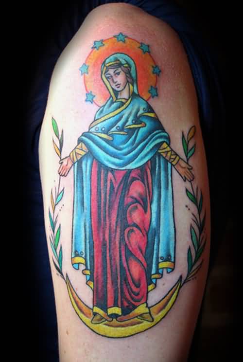Stained Glass Virgin Mary Tattoo On Left Half Sleeve