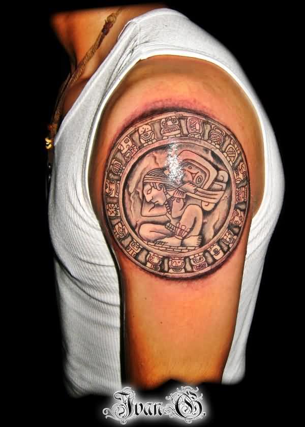 Symbol Mayan Tattoo On Man Left Shoulder