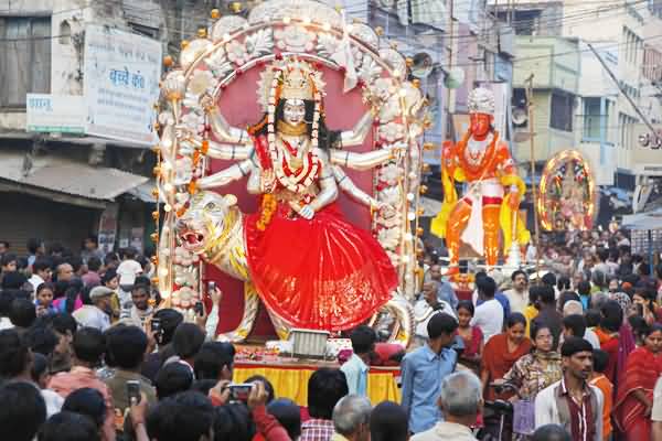 Tableau's Carrying Hindu Deities Pass Through The Streets During A Dussehra Festival Procession
