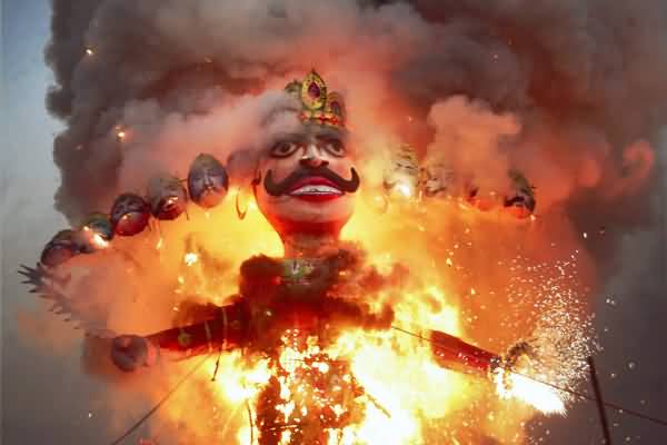 The Effigy of Demon King Ravana Burns During Dussehra Celebrations