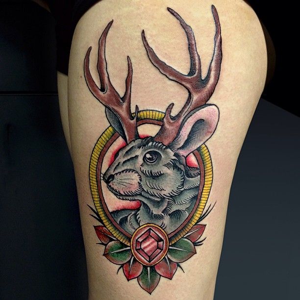 Traditional Jackalope Tattoo On Side Thigh by Dejan Furlan