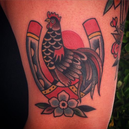 Traditional Rooster Tattoo On Left Bicep