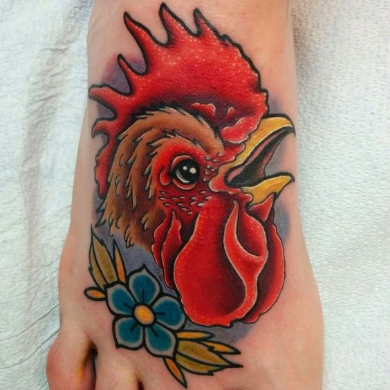Traditional Rooster Tattoo On Right Foot