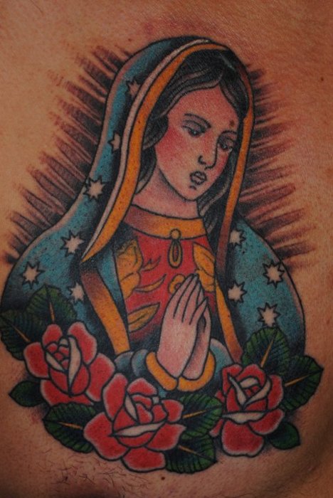 Traditional Virgin Mary Tattoo With Red Roses