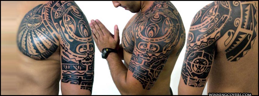 Tribal Mayan Tattoo On Man Shoulder And Half Sleeve