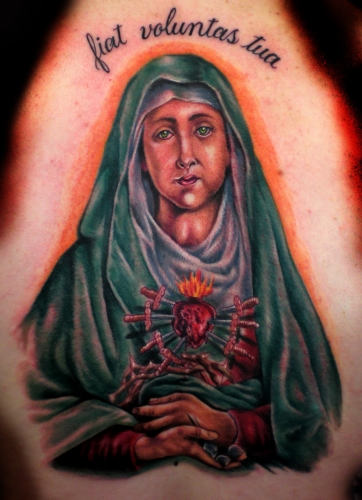 Unique Sad Virgin Mary Tattoo Design