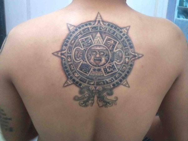 Upper Back Grey Ink Mayan Tattoo For Men