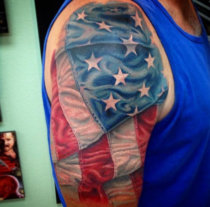 Us Flag Tattoo On Right Half Sleeve by Marc Durrant
