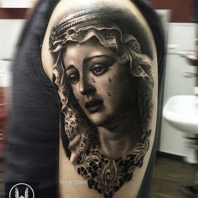 Virgin Mary Girl Head Tattoo On Left Shoulder