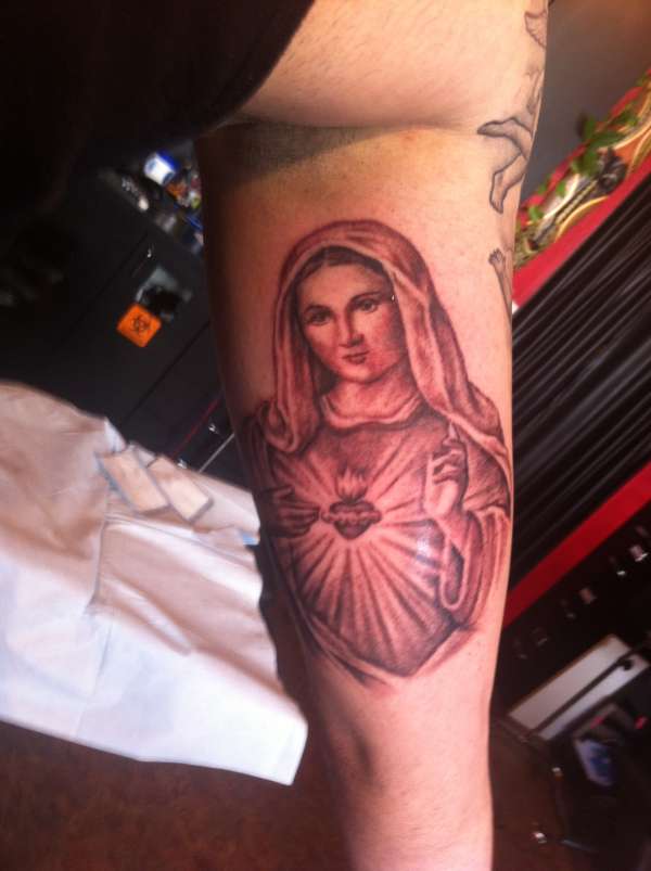 Virgin Mary Tattoo On Leg Calf