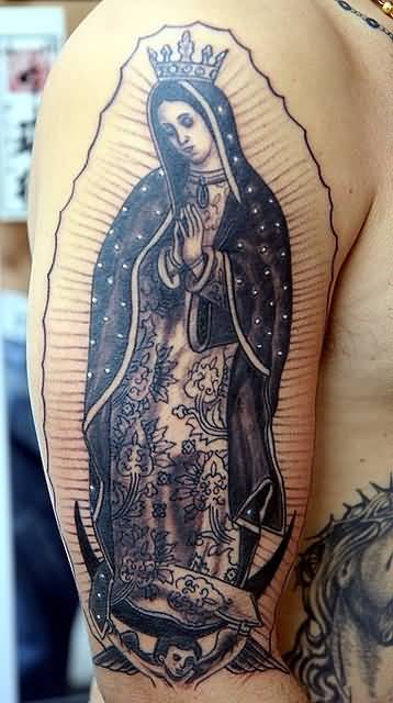 Virgin Mary Tattoo On Right Half Sleeve For Men