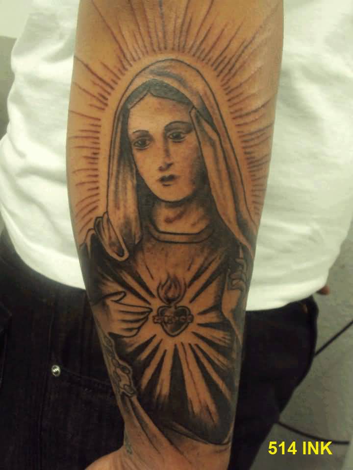 Virgin Mary With Sacred Heart Tattoo On Arm