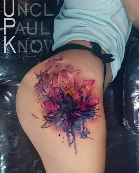 Watercolor Flower Tattoo On Side Thigh by Uncl Paul Knows