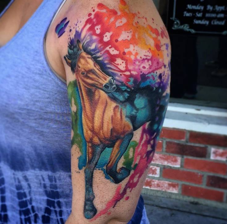 Watercolor Horse Tattoo On Left Half Sleeve by Marc Durrant