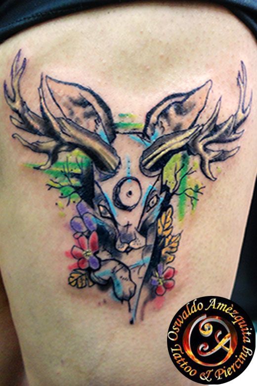 Watercolor Jackalope Tattoo On Side Thigh