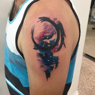 Watercolor Ouroboros Tattoo On Left Shoulder