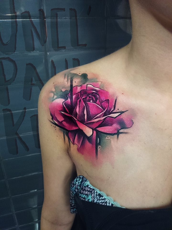 Watercolor Rose Tattoo On Front Shoulder by Uncl Paul Knows
