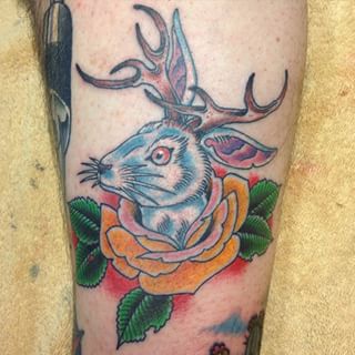 Yellow Rose Jackalope Head Tattoo