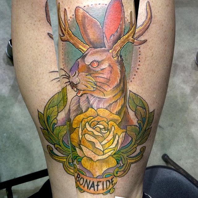 Yellow Rose Jackalope Tattoo On Sleeve