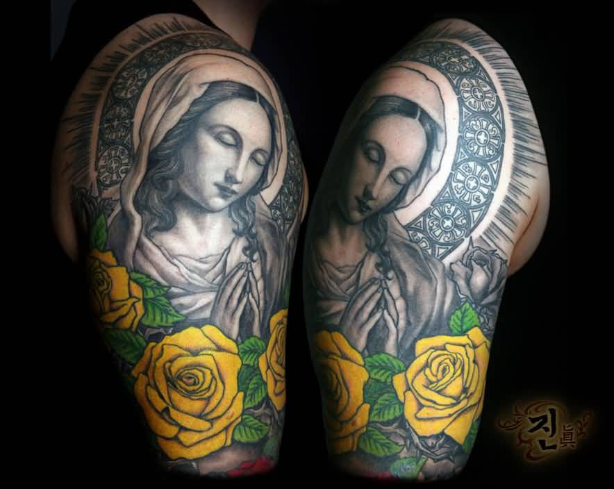 Yellow Rose Virgin Mary Tattoo On Half Sleeve