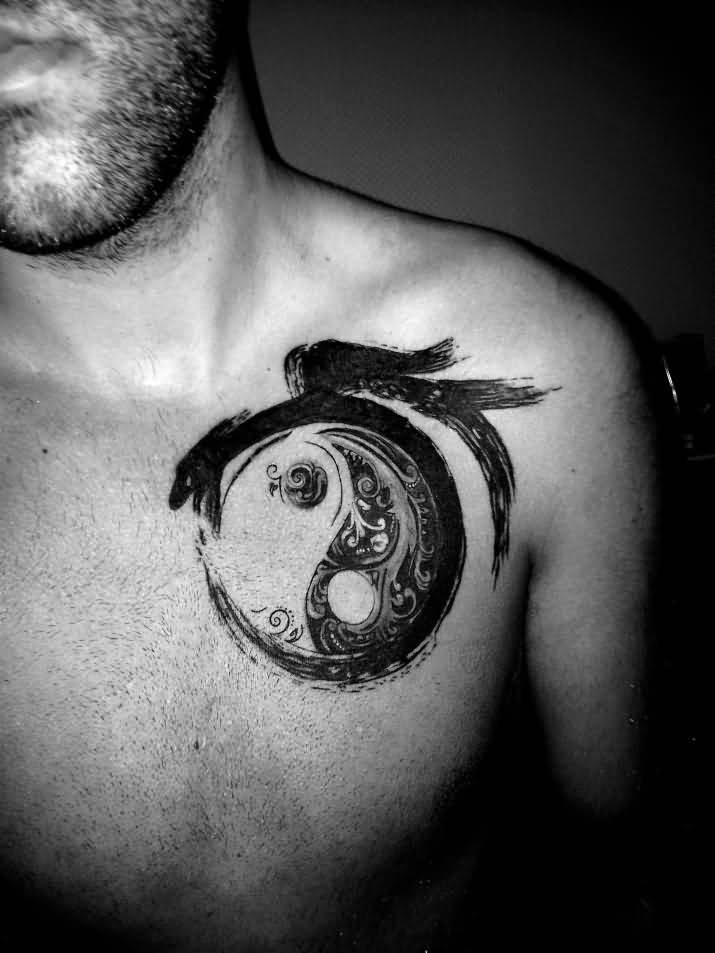 Yin Yang Ouroboros Tattoo On Man Front Shoulder
