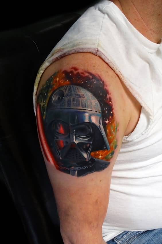 3D Darth Vader Helmet Tattoo On Right Shoulder by Andres Acosta