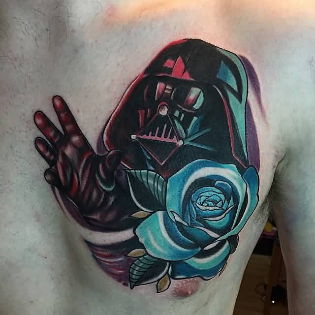 Awesome Blue Rose And Darth Vader Tattoo On Man Chest
