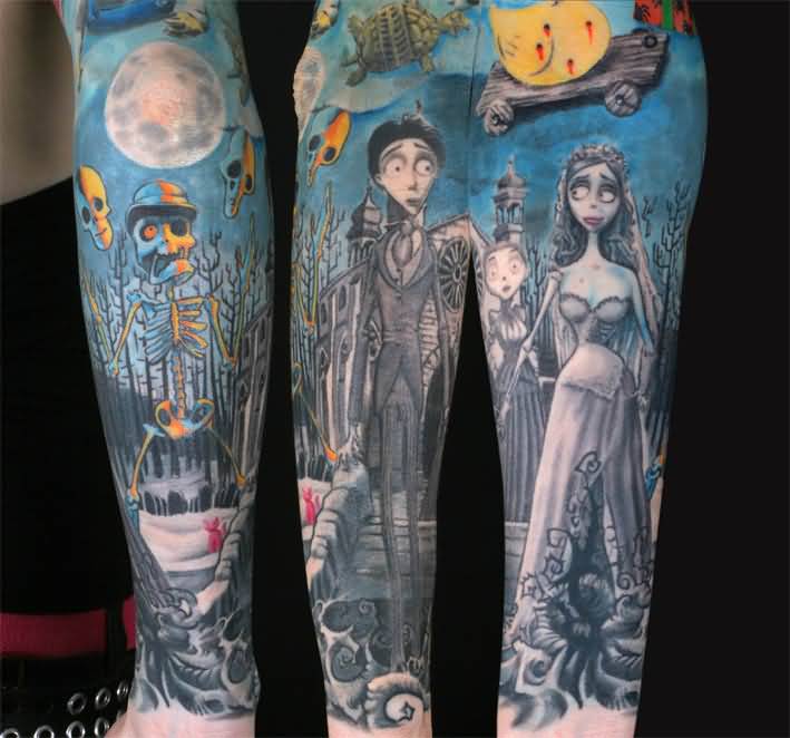 Awesome Grey Ink Corpse Bride Tattoo For Sleeve