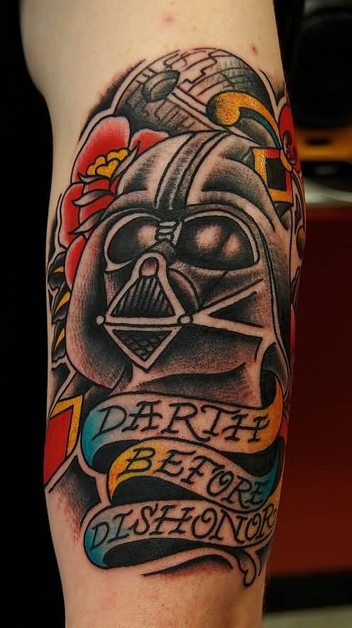 Banners And Darth Vader Tattoo On Man Half Sleeve