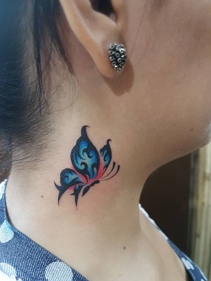 Beautiful Butterfly Tattoo On Side Neck by KDZ Tattoos