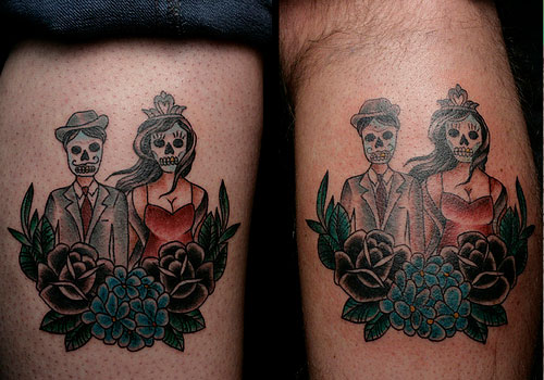 Black And Blue Flowers And Corpse Bride Tattoo