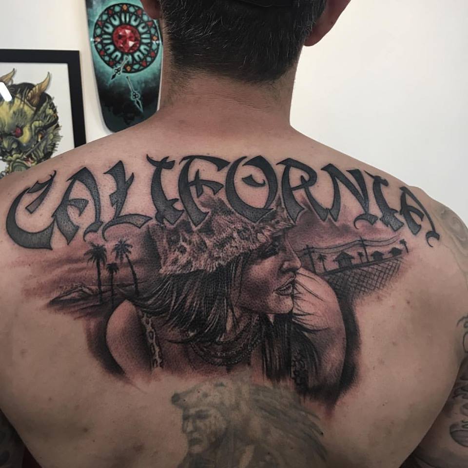 Black And Grey California Tattoo On Upper Back by Big Gus ink