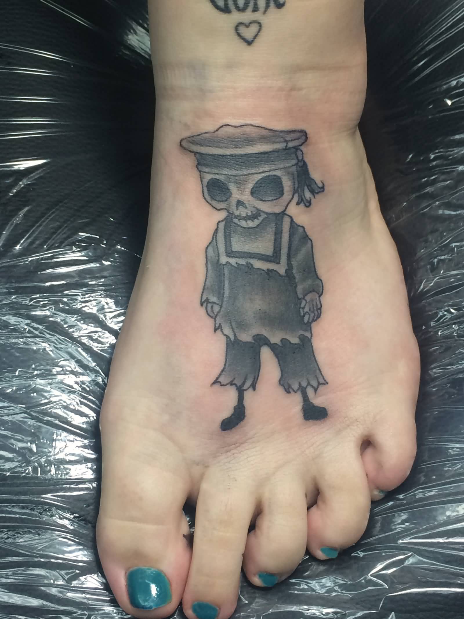 Black And Grey Corpse Bride Skeleton Tattoo On Left Foot