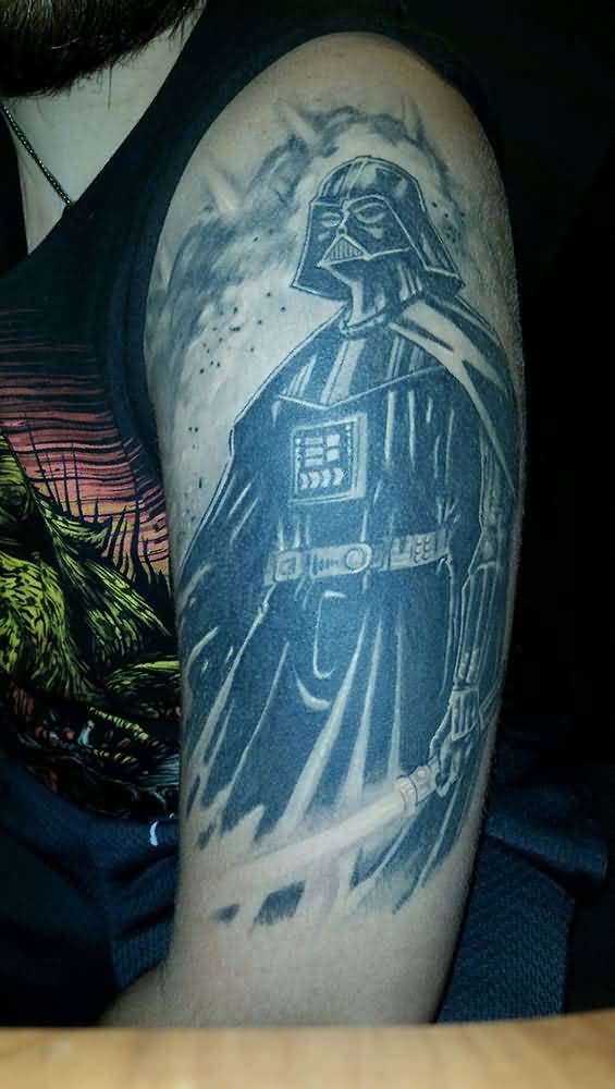 Black And Grey Darth Vader Tattoo On Half Sleeve
