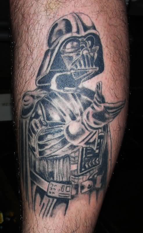 Black And Grey Darth Vader Tattoo On Leg For Men