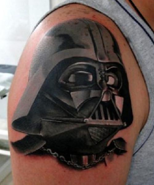 Black And Grey Darth Vader Tattoo On Man Right Shoulder