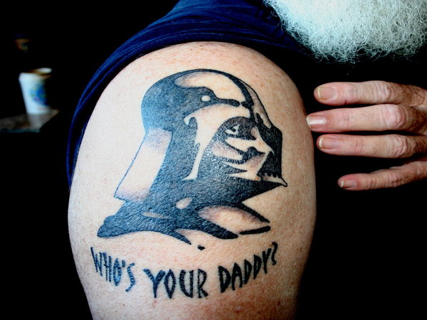Black And Grey Darth Vader Tattoo On Right Shoulder